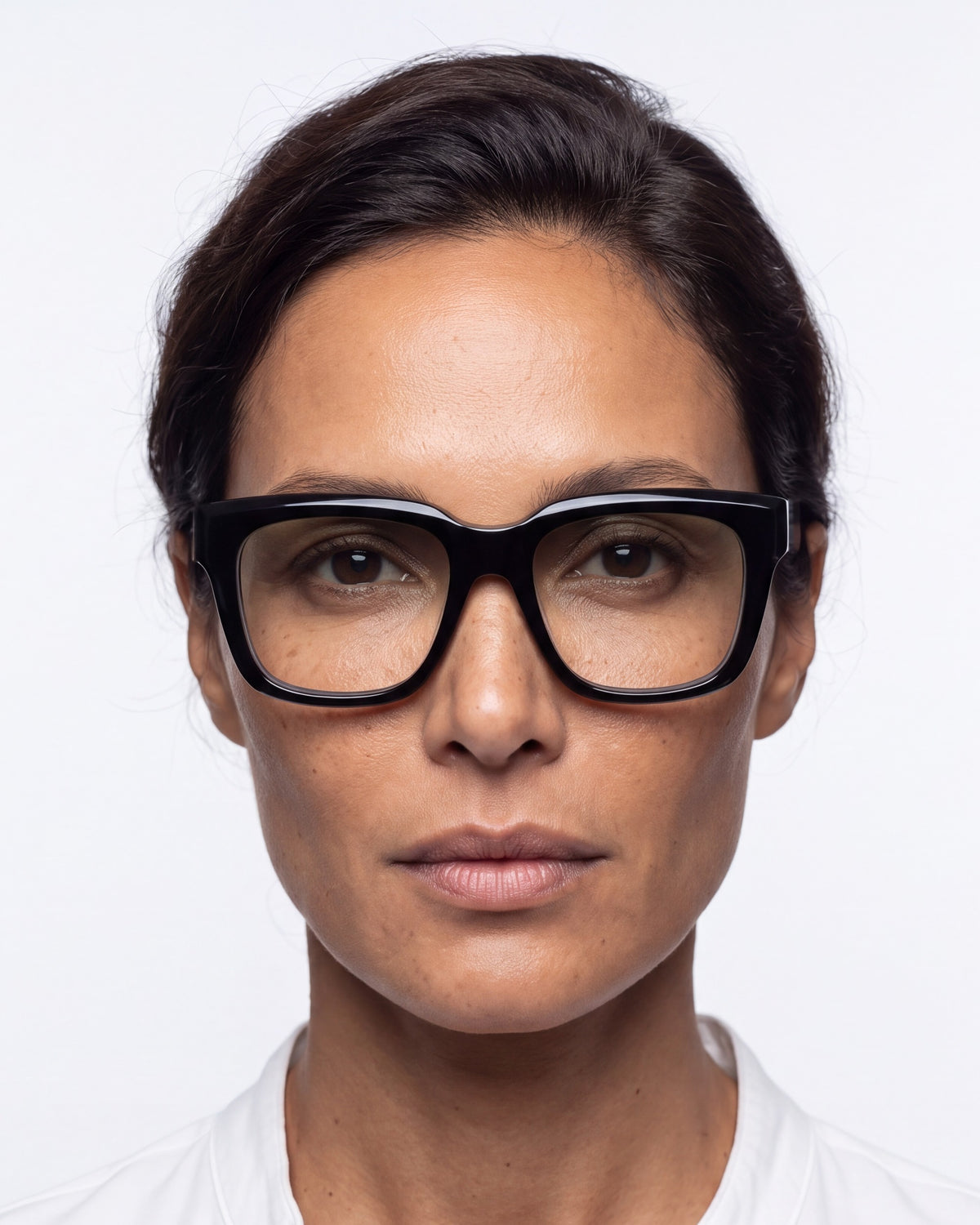 Therese in black, worn, Sage lenses