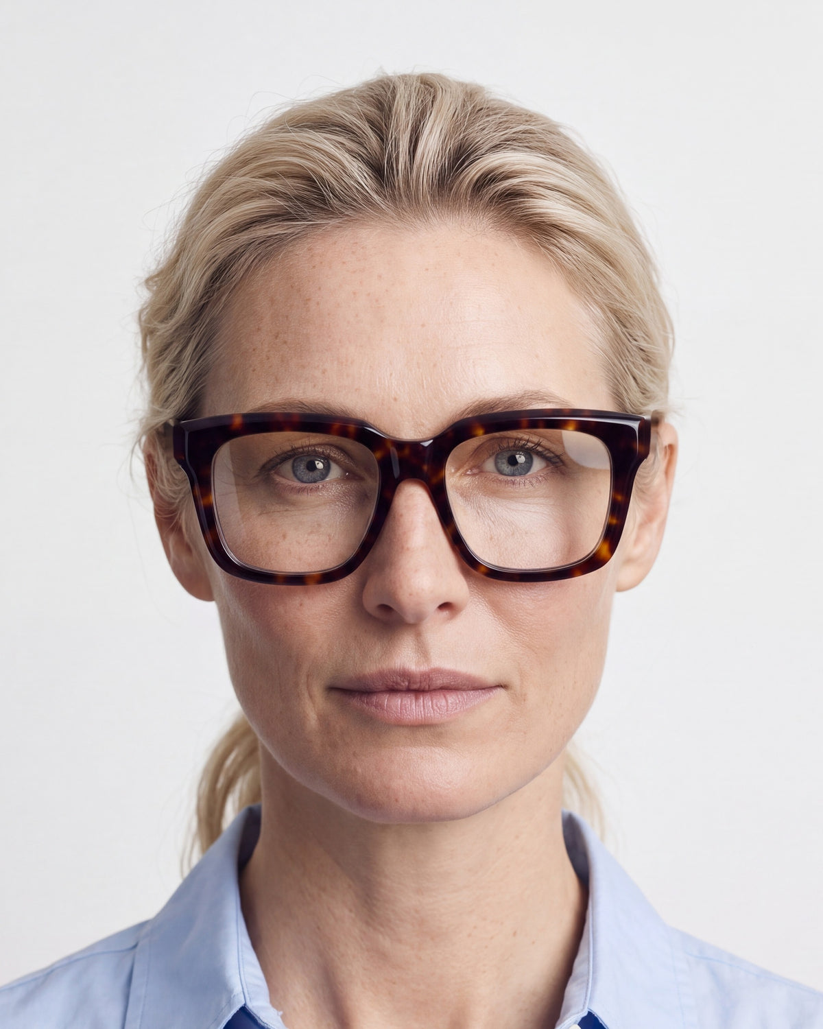 Therese in tortoiseshell, worn, Dawn lenses